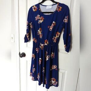 French Grey Floral Knit Dress Small Blue Long Sleeve Cozy Stretch Cottagecore